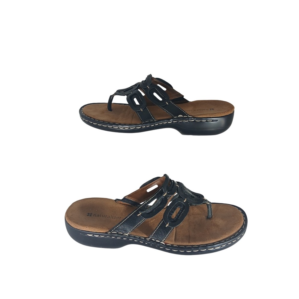 Naturalizer Thong Sandals Black Leather Wedge Comfort Boho Slip On Shoes